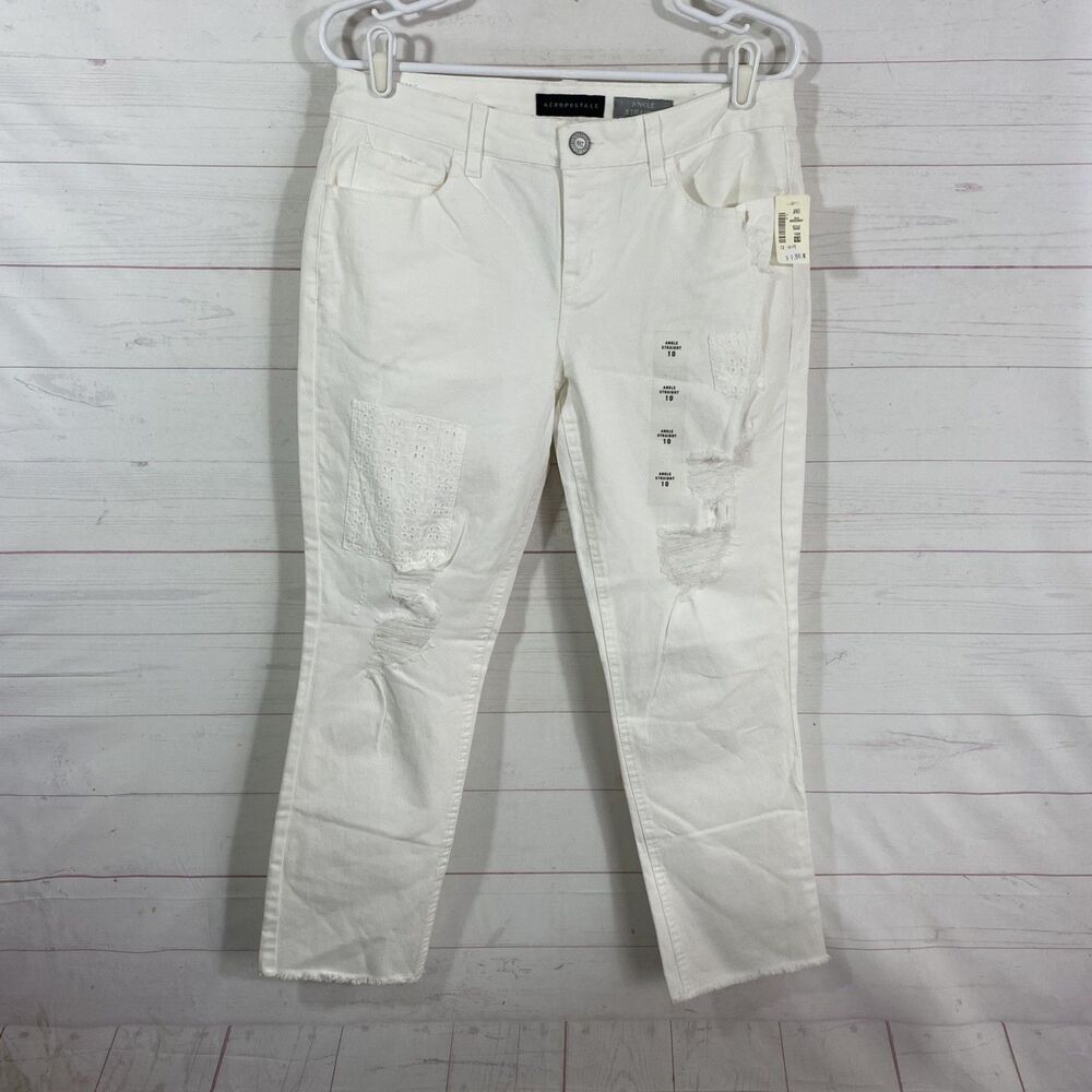 Aeropostale Womens Ankle Straight Jeans Sz 10 White Distressed Stretch Pockets